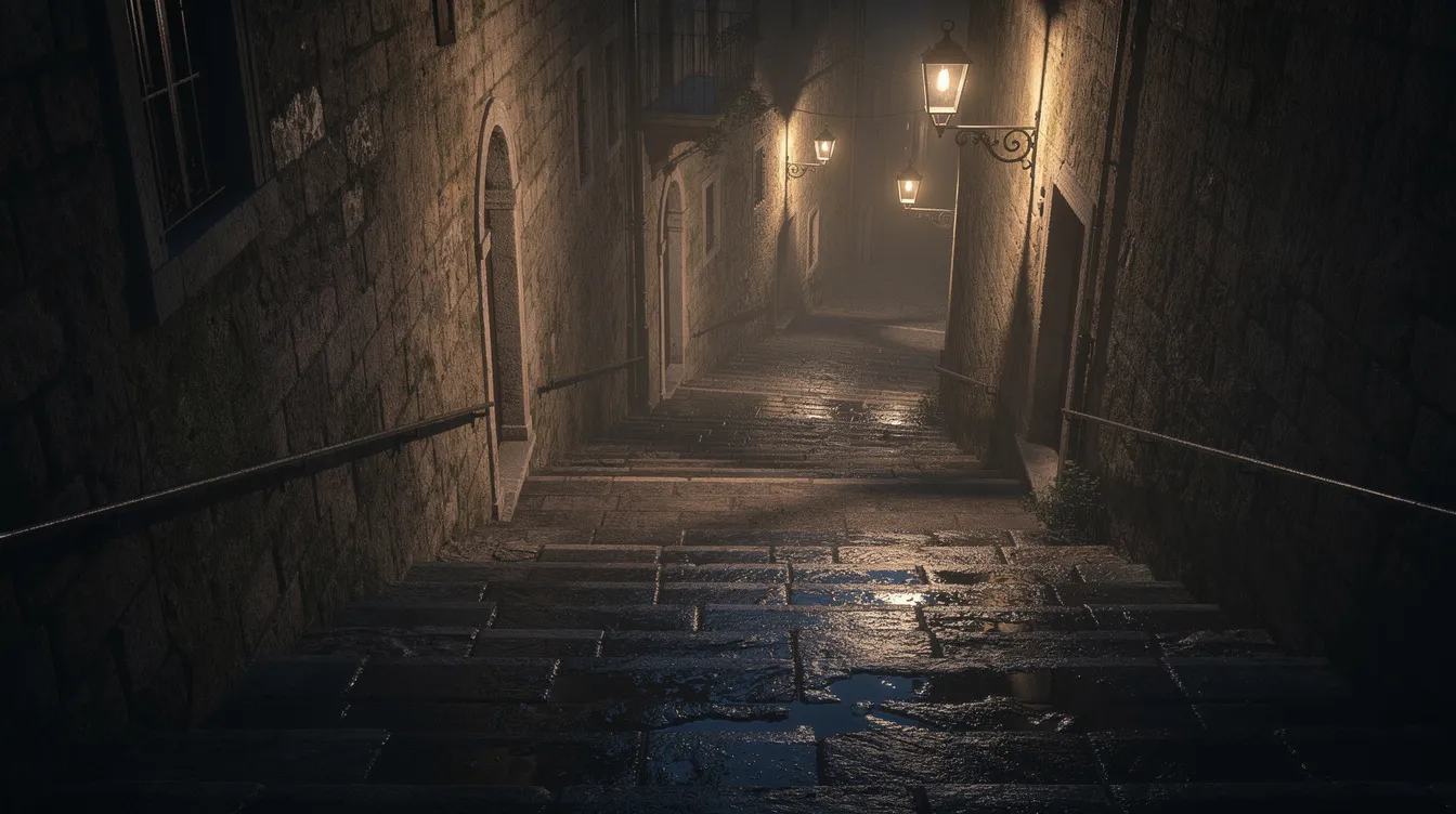 Die steile, alte Steintreppe ist von oben nach unten fotografiert und wird von dramatischen Schatten und warmem Licht der Laternen beleuchtet, die auf das nasse Kopfsteinpflaster fallen. Diese Szene erinnert an die düstere Atmosphäre des Horrorklassikers "Der Exorzist", in dem der Kampf gegen die Besessenheit thematisiert wird.