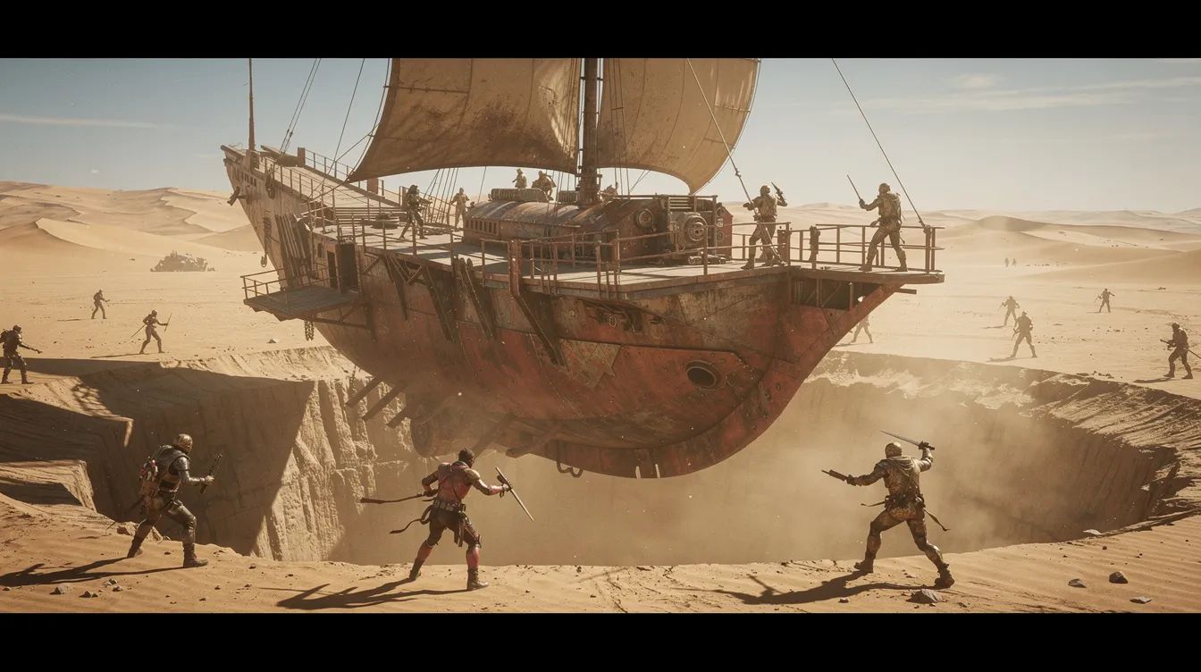 In einer Wüstenlandschaft auf Tatooine kämpft eine Gruppe von Figuren auf dem Deck einer großen Segelbarge, während grelles Sonnenlicht und Sanddünen im Hintergrund zu sehen sind. Diese Szene erinnert an die epischen Kämpfe in "Star Wars Episode VI: Die Rückkehr der Jedi-Ritter", wo die Rebellion gegen das Imperium antritt.