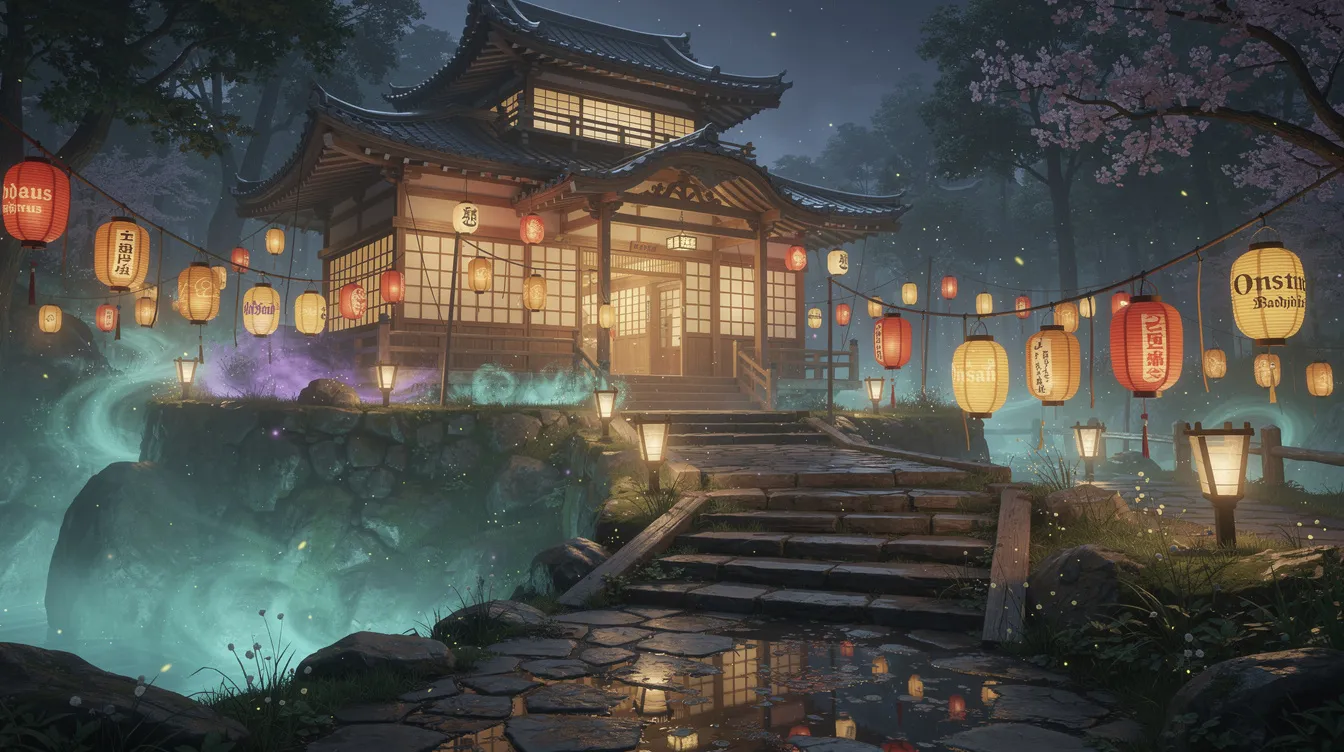 Die fantasievolle Szene zeigt ein traditionelles japanisches Badehaus, umgeben von magischem Nebel und leuchtenden Laternen in der Nacht. Diese Atmosphäre erinnert an die zauberhaften Welten, die in den besten Filmen von Hayao Miyazaki und anderen berühmten Regisseuren der 2000er Jahre geschaffen wurden.