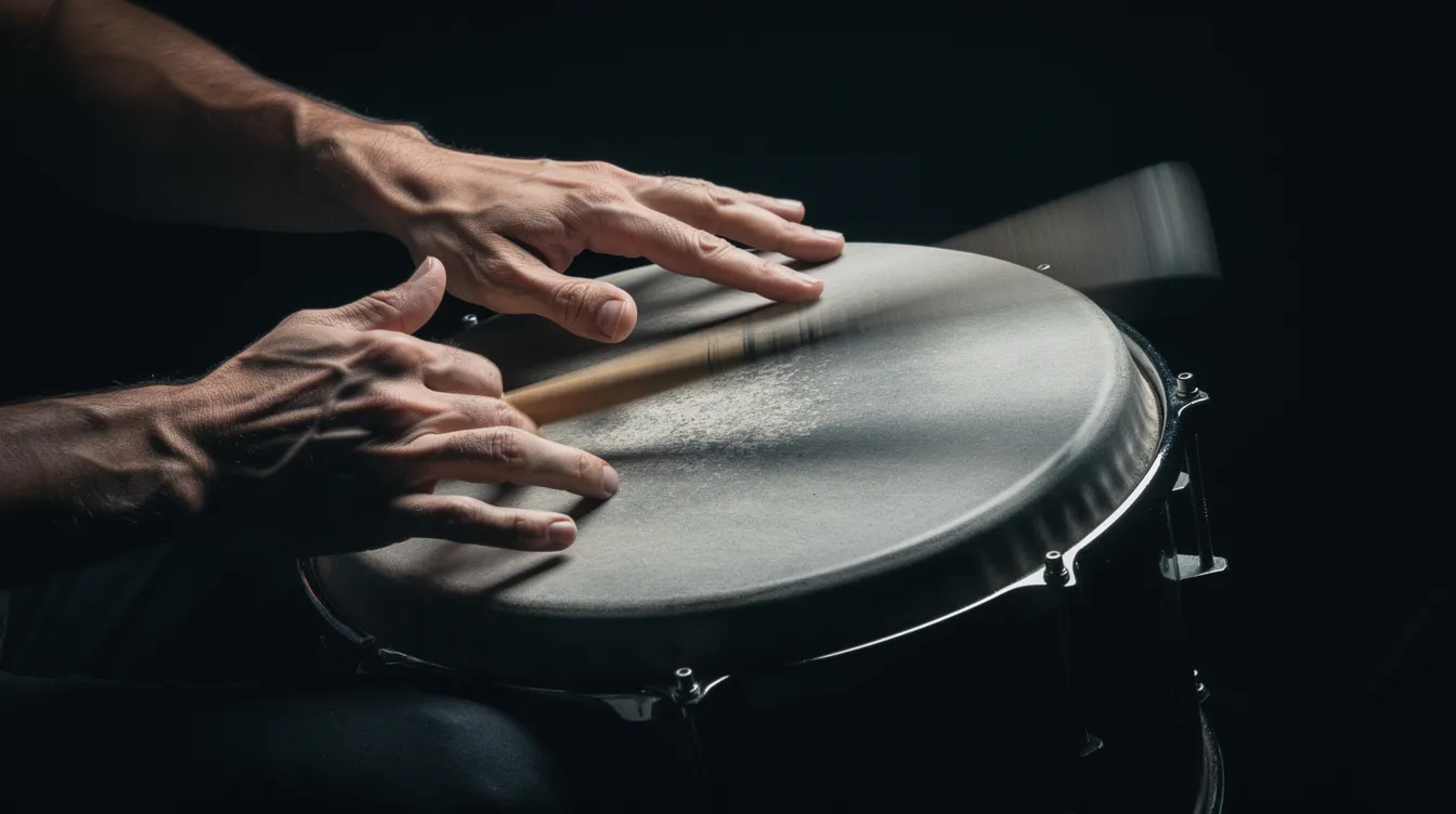 Die Nahaufnahme zeigt Hände, die energisch auf einer Trommel spielen, während Bewegungsunschärfe die Dynamik des Moments unterstreicht. Der dunkle Hintergrund hebt die Leidenschaft und Intensität des Drummers hervor, die an die energiegeladenen Szenen in Damien Chazelles Film "Whiplash" erinnern.
