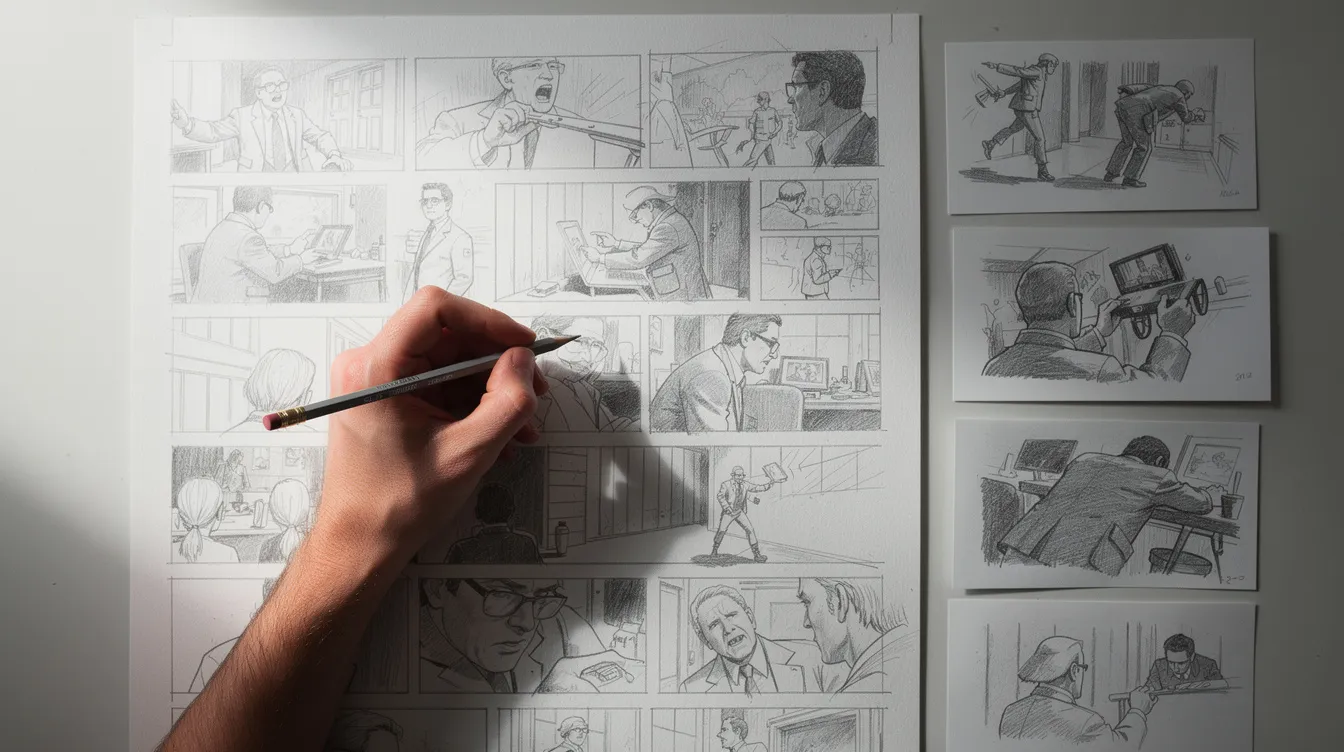 Eine Hand zeichnet mit einem Bleistift detaillierte Skizzen von Filmszenen auf großem Papier, während daneben weitere Zeichnungen liegen, die die kreative Arbeit eines Meisterregisseurs wie Alfred Hitchcock widerspiegeln. Die Atmosphäre der Spannung und des Thrillers wird durch die sorgfältige Ausarbeitung der Szenen deutlich, die an seine ikonischen Werke erinnern.
