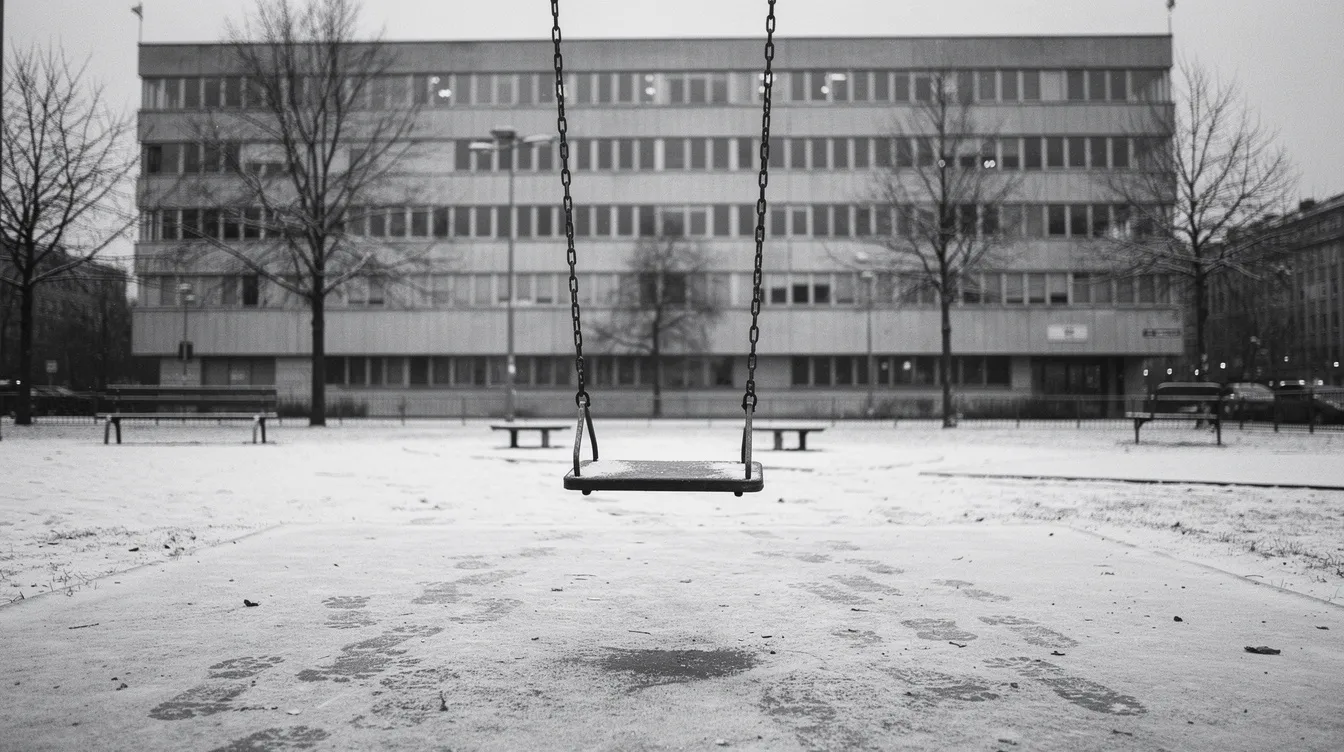 Ein leerer Kinderspielplatz mit einer einzelnen Metallschaukel im Vordergrund, während im Hintergrund ein tristes Bürogebäude zu sehen ist. Die Schwarzweißaufnahme im Winterlicht vermittelt eine melancholische Stimmung, die an die Themen von "Ikiru" erinnert, wo es um das Streben nach einem sinnvollen Leben geht.