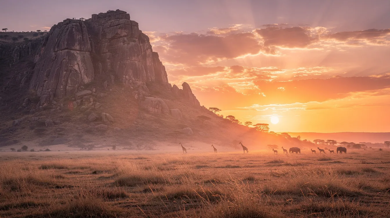Die dramatische Felsenformation erhebt sich majestätisch über der weiten afrikanischen Savanne, während die goldenen Lichtstrahlen des Sonnenaufgangs die Landschaft erleuchten. In der Ferne sind die Silhouetten von Tieren zu erkennen, die ein Gefühl von Abenteuer und unberührter Natur vermitteln.