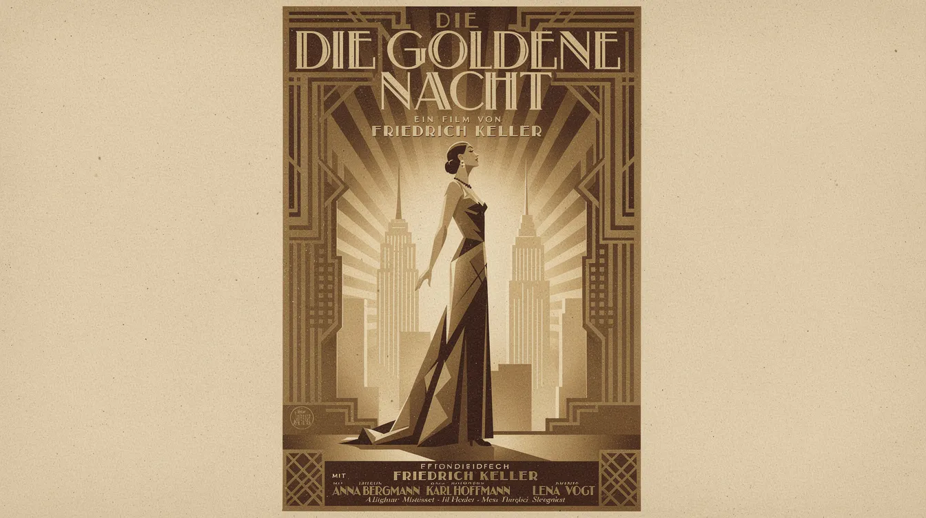 Das stilisierte Filmplakat im Art-Déco-Stil der 1930er Jahre zeigt geometrische Muster in warmen Sepiatönen und elegante Typografie, die an den Klassiker "Der Clou" erinnert. Die Darstellung weckt Erinnerungen an die Gaunerkomödie mit Robert Redford und Paul Newman, die voller überraschender Pointen und trickbetrügerischer Spannung ist.