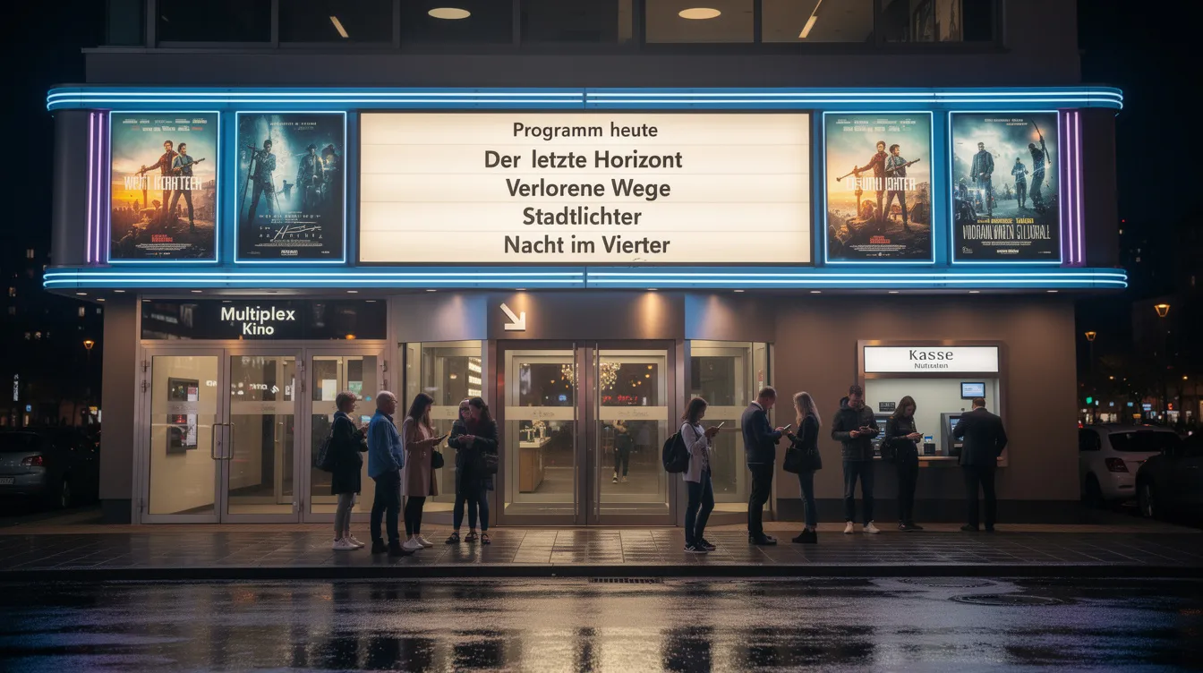 Ein modernes Multiplex-Kino bei Nacht, dessen Fassade hell erleuchtet ist, zeigt eine Programmtafel mit verschiedenen Filmtiteln. Vor dem Eingang stehen Besucher, die gespannt auf den Filmabend warten, und erleben die Atmosphäre der deutschen Filmbranche.
