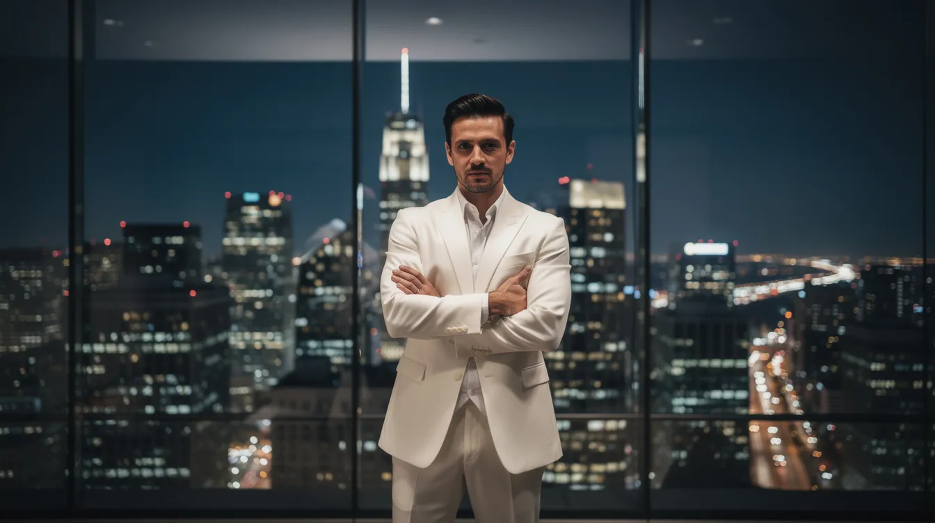 Ein Mann im weißen Anzug steht mit verschränkten Armen vor einer großen Glasfront und blickt auf die nächtliche Stadtsilhouette, die an die Atmosphäre des Films "Scarface" erinnert. Die Szene vermittelt ein Gefühl von Macht und Erfolg, während die Lichter der Stadt im Hintergrund funkeln.
