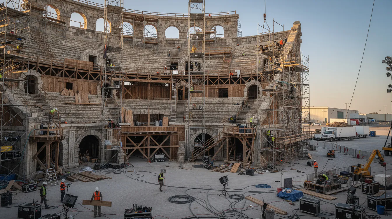 Die riesige Filmkulisse im Bau zeigt massive antike Tribünen aus Holz und Stein, umgeben von Arbeitern und Gerüsten auf einem weitläufigen Studiogelände. Diese beeindruckende Szene erinnert an die monumentalen Kulissen vergangener Epen wie "Ben Hur", die Filmgeschichte geprägt haben.