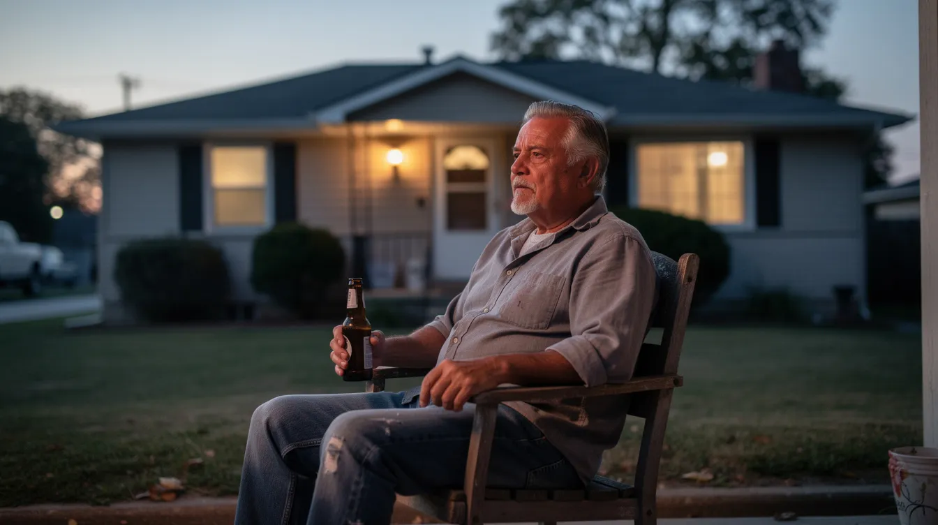 Ein älterer Mann, der an den Charakter Walt Kowalski aus dem Film "Gran Torino" erinnert, sitzt allein auf einer Veranda in der Abenddämmerung. Mit einem Bier in der Hand blickt er nachdenklich in die Ferne, während im Hintergrund ein bescheidenes Vorstadthaus zu sehen ist.