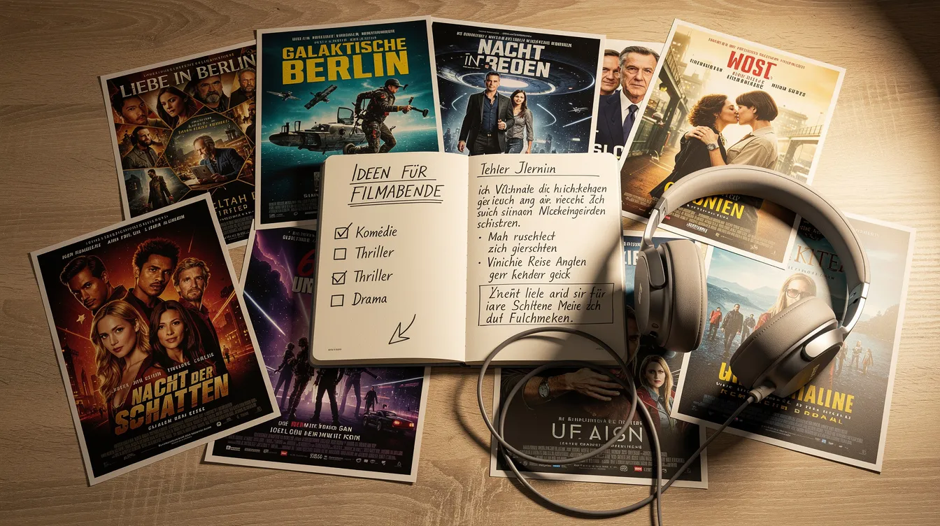 Die Collage zeigt eine Vielzahl bunter Filmplakate aus verschiedenen Genres, die die Vielfalt des Mediums Film widerspiegeln. Neben den Plakaten liegen ein aufgeschlagenes Notizbuch und ein Paar Kopfhörer auf einem Holztisch, was auf eine Auseinandersetzung mit der Filmsprache und -analyse hinweist.