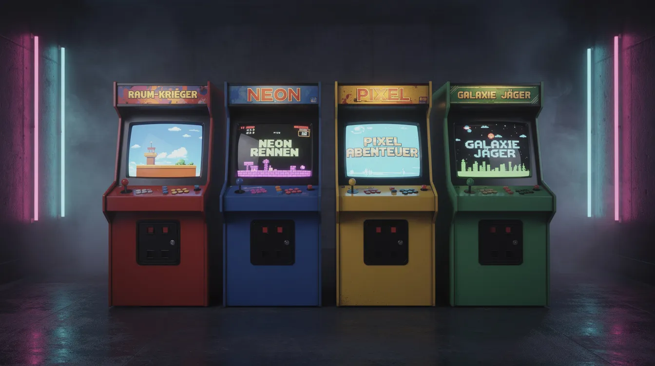 Vier verschiedenfarbige Arcade-Automaten stehen nebeneinander in einem Raum mit Neonbeleuchtung und dunklem Hintergrund, die eine lebendige Atmosphäre schaffen. Diese Szenerie erinnert an die Gaming-Welt und die Faszination von Videospielverfilmungen wie "Resident Evil" oder "Mortal Kombat".