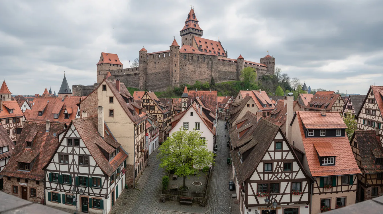 Die historische Altstadt von Nürnberg zeigt sich mit ihren charmanten Fachwerkhäusern und einer beeindruckenden mittelalterlichen Burg im Hintergrund, während der Himmel bewölkt ist. Dieses Bild vermittelt die Atmosphäre einer Stadt, die eng mit der Geschichte, einschließlich der Nürnberger Prozesse und dem Urteil von Nürnberg, verbunden ist.