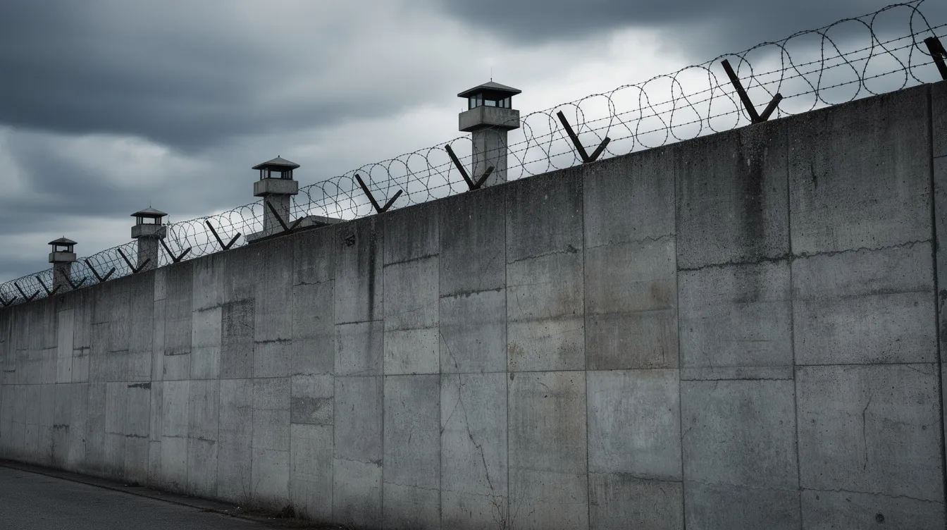 Die graue Betonmauer, die mit Stacheldraht gesichert ist, steht vor einem bewölkten Himmel und wird von Wachtürmen flankiert, was an die Überwachung und Kontrolle in der DDR erinnert. Diese Szenerie könnte als Symbol für das Leben der anderen in Ost-Berlin interpretiert werden, wo die Stasi und ihre Hauptmänner wie Gerd Wiesler eine zentrale Rolle spielten.