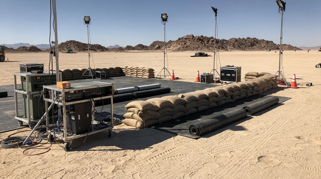 Das Bild zeigt ein Filmset in einer Wüstenumgebung, ausgestattet mit Pyrotechnik-Equipment, Sandsäcken und Stuntmatten, was an die Abenteuer von Indiana Jones und den "Jäger des verlorenen Schatzes" erinnert. Die Tageslichtatmosphäre vermittelt ein Gefühl von Action und Spannung, das typisch für die Filme von Steven Spielberg ist.