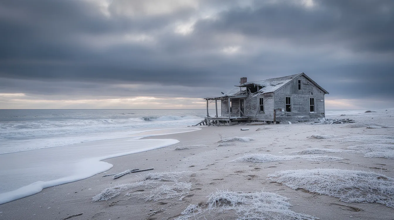 Ein verlassenes, halb verfallenes Holzhaus steht einsam an einem leeren Winterstrand, während der Wellenschaum sanft das Ufer berührt. Der dramatische, bewölkte Himmel vermittelt eine melancholische Stimmung, die an die Themen von "Eternal Sunshine of the Spotless Mind" erinnert.
