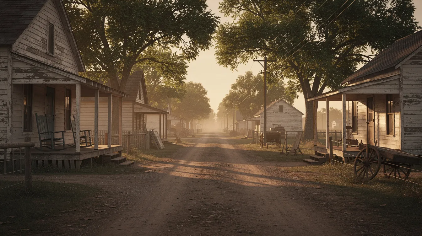 Die Bildbeschreibung zeigt eine staubige Landstraße im amerikanischen Süden, umgeben von alten Holzhäusern und hohen Bäumen, die im warmen Abendlicht erstrahlen und eine nostalgische Atmosphäre der 1930er-Jahre vermitteln. Diese Szenerie könnte an die Themen und Figuren aus "The Green Mile" erinnern, wo das Leben und die Erinnerungen im Fokus stehen.