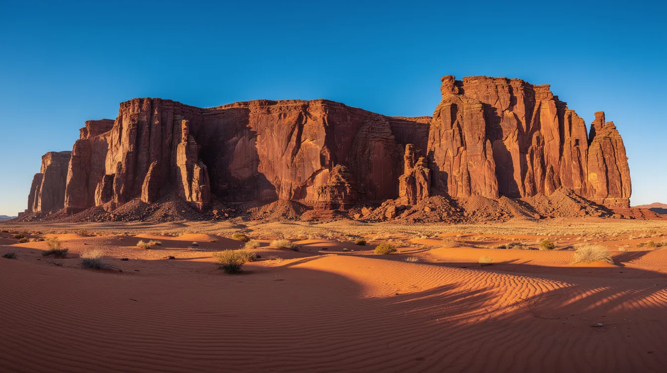 Die Aufnahme zeigt weite Felsformationen aus rotem Sandstein in einer Wüste, unter einem klaren blauen Himmel. Dramatische Schatten verleihen der Landschaft eine mysteriöse Atmosphäre, während keine Menschen sichtbar sind, was an die epischen Szenen aus "Lawrence von Arabien" erinnert.