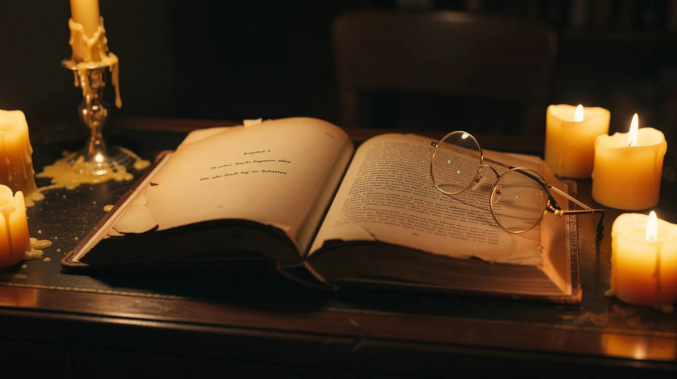 Auf einem hölzernen Schreibtisch liegt ein aufgeschlagenes altes Buch, umgeben von warmem Kerzenlicht. Neben dem Buch befindet sich eine Lesebrille, die die Atmosphäre einer zeitlosen Liebesgeschichte, ähnlich der von "Gone with the Wind", verstärkt.