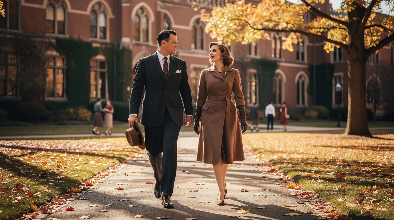 Ein Paar in eleganter Kleidung der 1950er Jahre spaziert über einen herbstlichen Universitätscampus, umgeben von buntem Laub und historischen Gebäuden. Die Szenerie vermittelt ein Gefühl von Romantik und Nostalgie, während die beiden in tiefen Gesprächen vertieft sind, ähnlich den Charakteren aus "A Beautiful Mind".