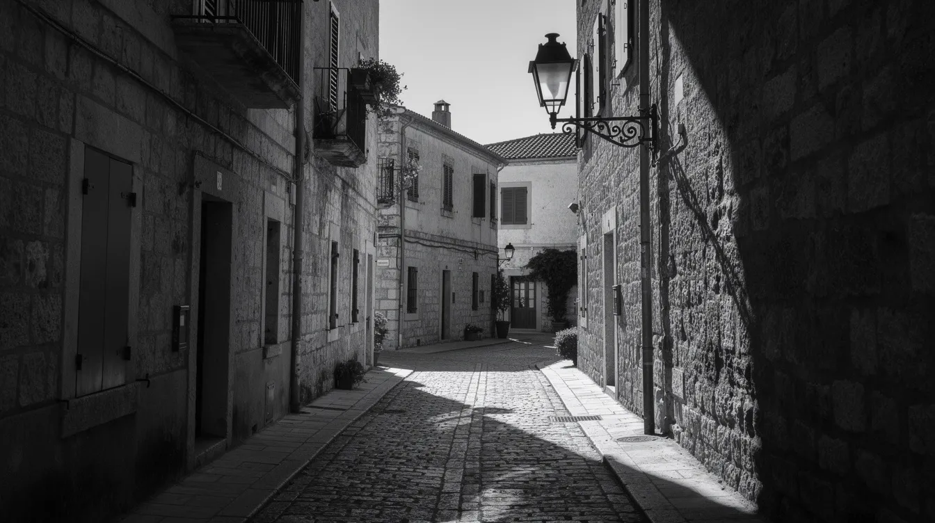 Die Schwarzweißaufnahme zeigt eine sonnenbeschienene europäische Gasse, in der lange Schatten fallen, während eine einzelne Laterne sanft leuchtet. Diese Szene könnte direkt aus einem klassischen Film wie "Roman Holiday" stammen, in dem die Romantik und das Leben in der ewigen Stadt Rom eindrucksvoll dargestellt werden.