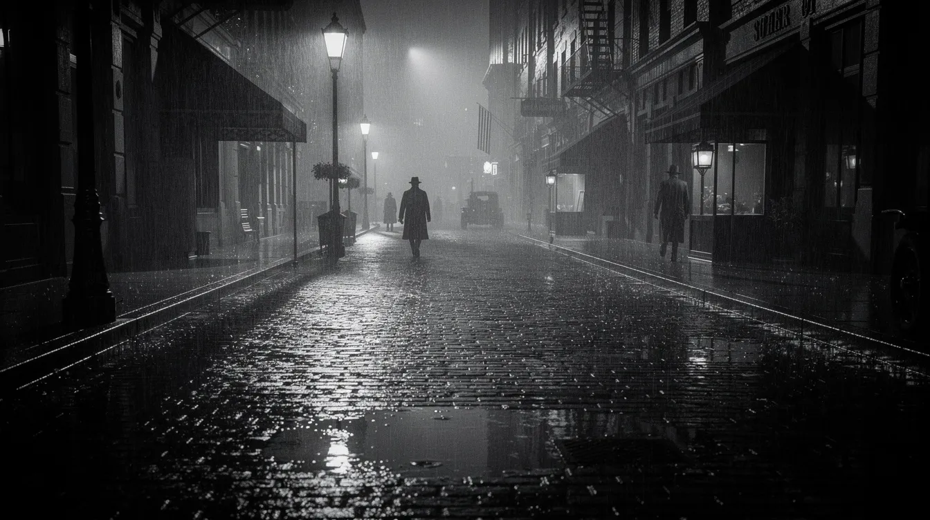 Die Schwarzweißszene zeigt eine regennasse Straße bei Nacht, beleuchtet von schimmernden Laternenlichtern, die an die düstere Stimmung klassischer Film Noir erinnern. Schatten und reflektierendes Wasser schaffen eine geheimnisvolle Atmosphäre, die an die besten Filme der 50er Jahre erinnert, in denen oft Gangster und dramatische Verhältnisse im Mittelpunkt stehen.