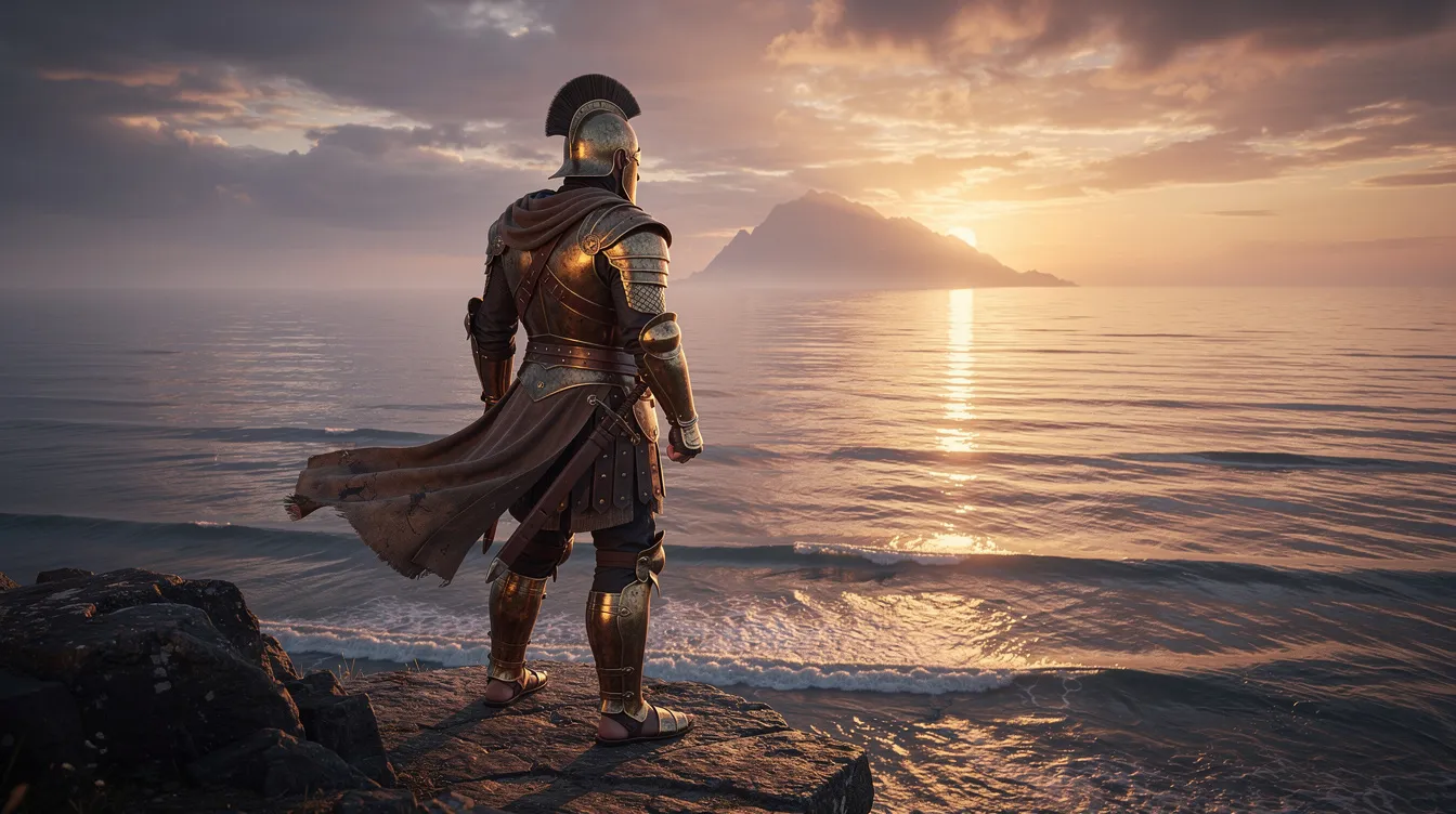 Ein antiker Krieger in einer glänzenden Bronze-Rüstung steht auf einer Felsklippe und schaut bei Sonnenuntergang über das ruhige Meer in Richtung einer fernen Insel, die an die Abenteuer von Odysseus in der Odyssee erinnert. Die Szenerie strahlt eine majestätische Ruhe aus und lässt an epische Geschichten und Filme denken, die von Christopher Nolan inspiriert sein könnten.