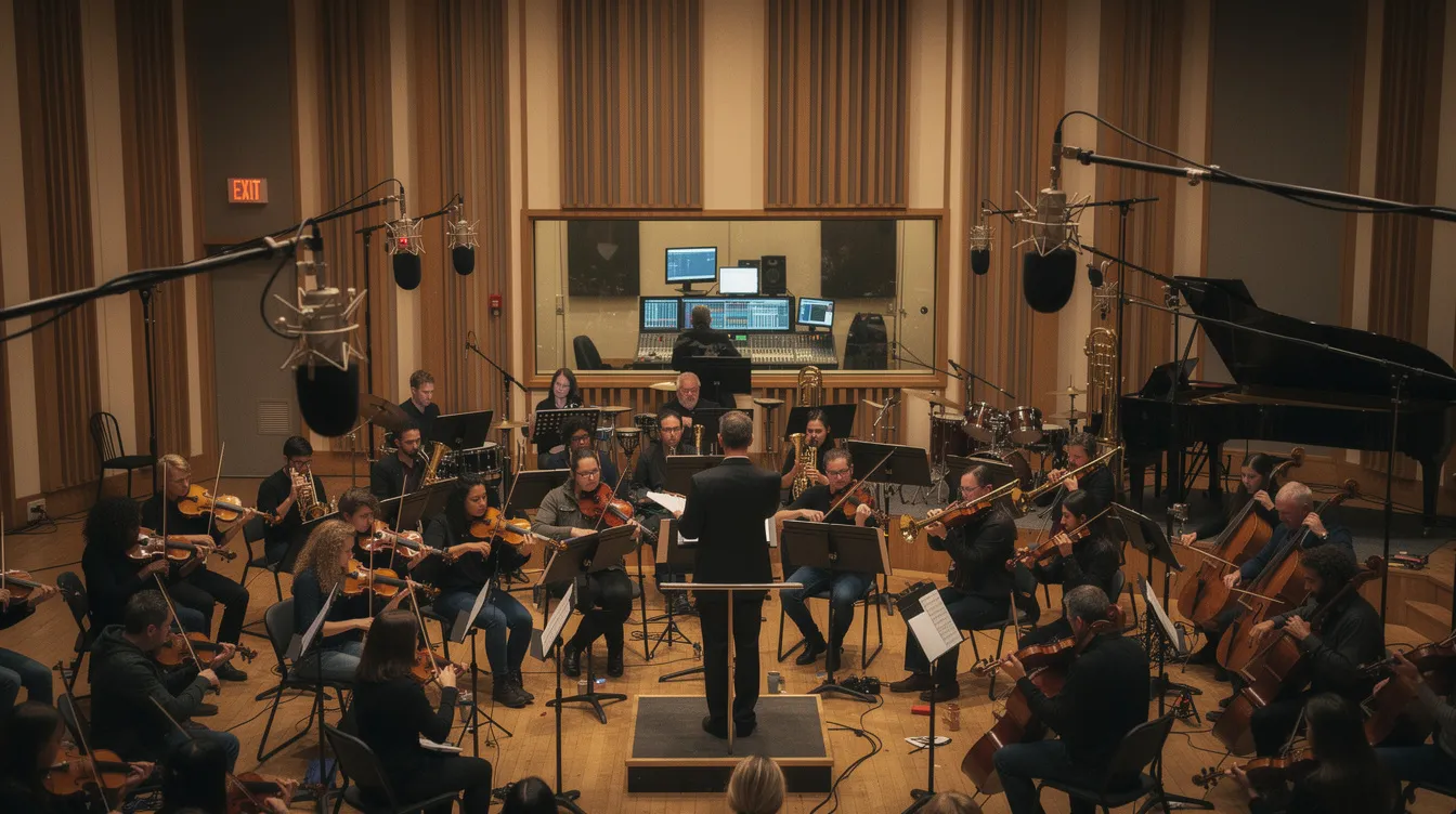 Ein großes Orchester spielt in einem professionellen Tonstudio, während die Filmmusik für einen spannenden Science-Fiction-Film aufgenommen wird. Die Musiker sind konzentriert und schaffen eine Atmosphäre, die an die epischen Klänge von "Jurassic Park" erinnert.