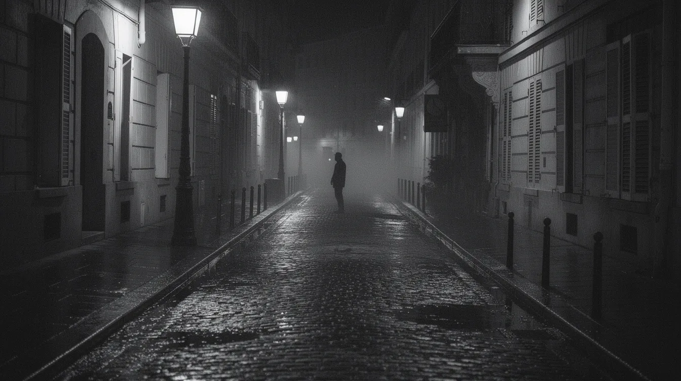 Eine düstere Schwarzweiß-Straßenszene zeigt eine europäische Großstadt bei Nacht, in der lange Schatten und das Licht von Laternen eine einsame Silhouette in einer schmalen Gasse umrahmen. Diese Atmosphäre erinnert an die Werke von Fritz Lang und thematisiert die Angst vor einem Mörder, ähnlich wie in seinem Film „M“.