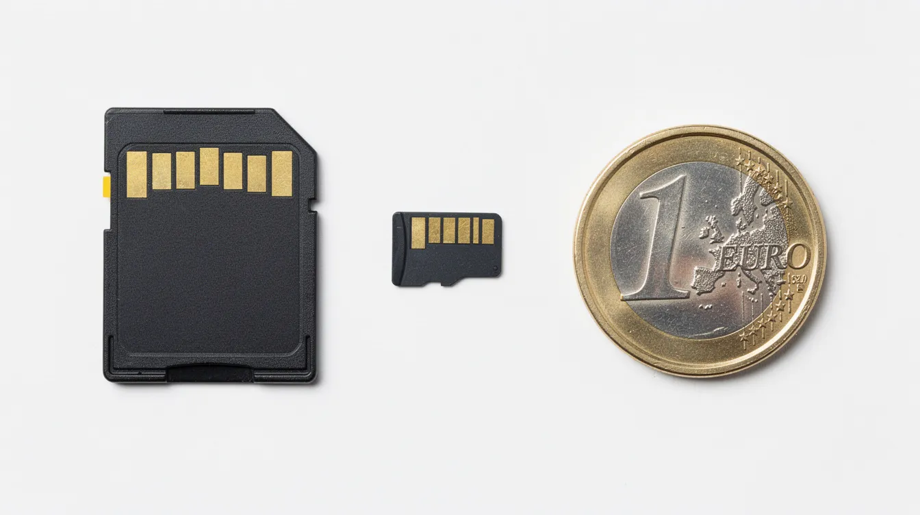 Das Bild zeigt einen Größenvergleich zwischen einer SD-Karte und einer microSD-Karte, die neben einer Euro-Münze auf einem weißen Hintergrund platziert sind. Die unterschiedlichen Formate der SD-Speicherkarten verdeutlichen ihre Verwendung in Geräten wie Digitalkameras und Smartphones.