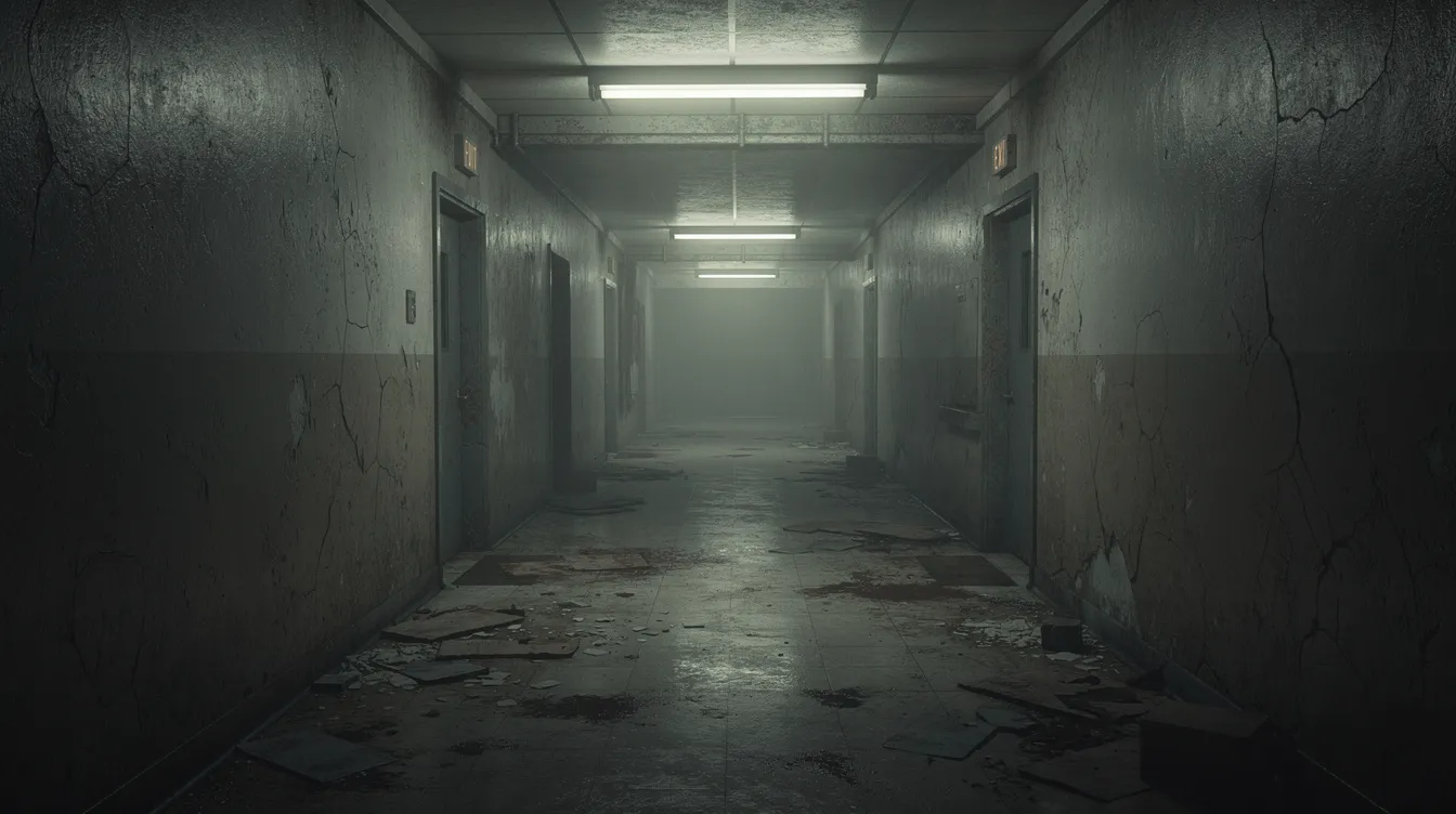 Ein langer, schwach beleuchteter Korridor mit flackerndem Licht und tiefen Schatten an den Wänden vermittelt eine unheimliche Atmosphäre, die an klassische Horrorfilme erinnert. Die Dunkelheit und die Ungewissheit des Raumes erzeugen ein Gefühl von Angst und Bedrohung, das den Zuschauer in die Welt des Horrorgenres eintauchen lässt.