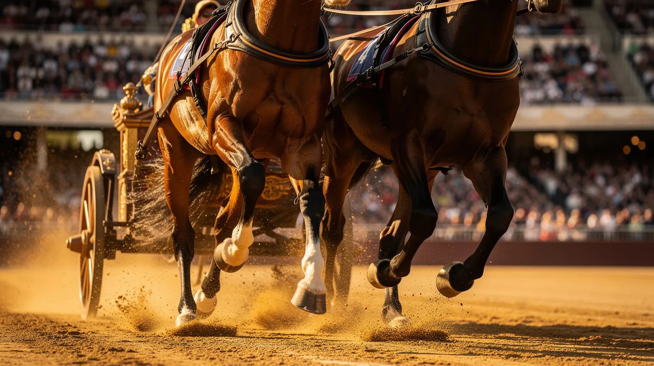 Die Nahaufnahme zeigt galoppierende Pferde vor einem Streitwagen, während der Sand aufwirbelt und im Hintergrund unscharfe Tribünen zu sehen sind. Diese Szene erinnert an das berühmte Wagenrennen aus dem Film "Ben Hur" von 1959, das als Klassiker der Filmgeschichte gilt.