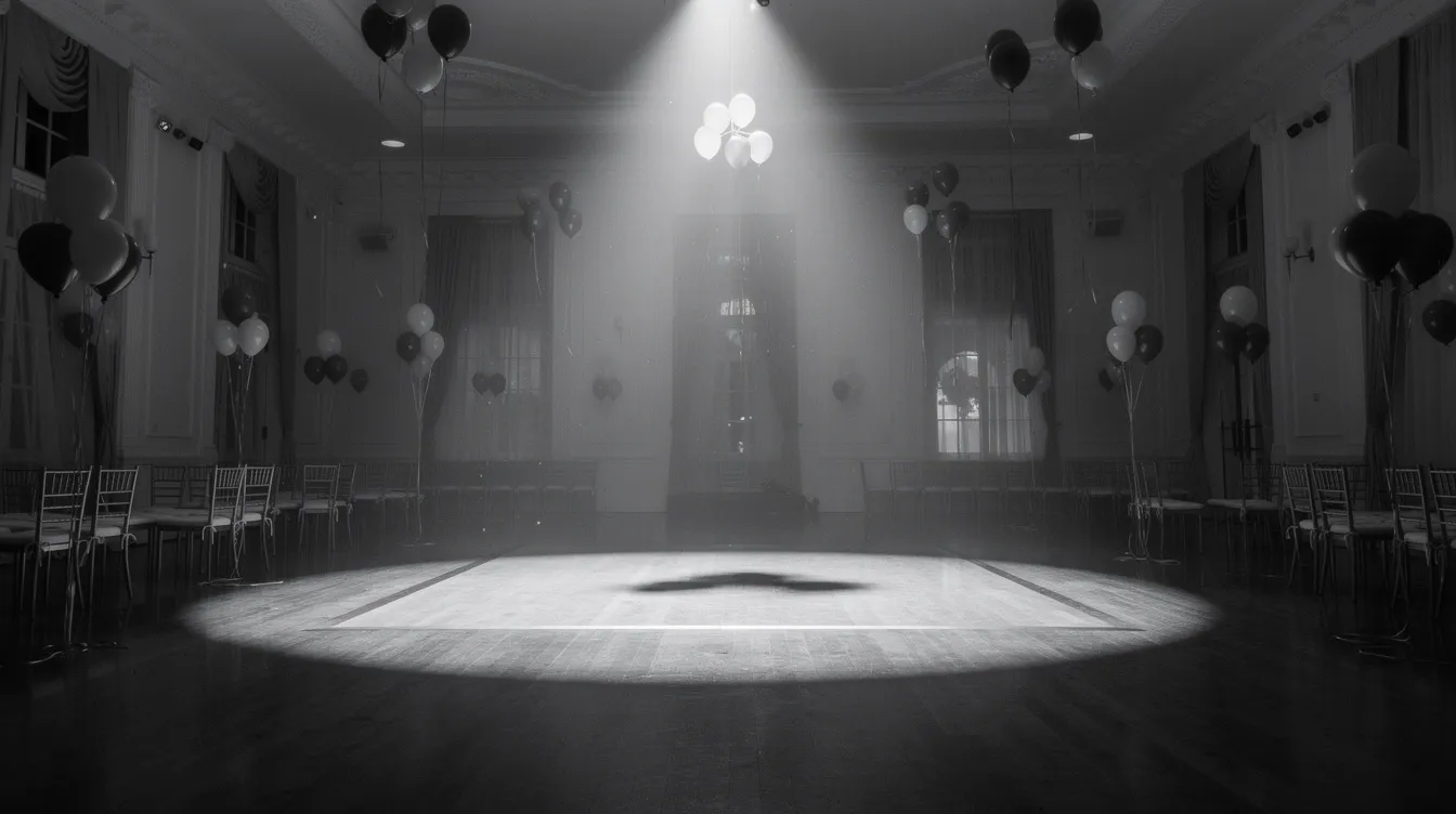 Der leere Festsaal ist in einer schwarz-weißen Atmosphäre gehalten und wird von einem einzigen Scheinwerfer beleuchtet, der die Tanzfläche in den Mittelpunkt rückt. Luftballons hängen an den Wänden, was an die glamouröse Zeit von Hollywood und den Filmklassiker "Boulevard der Dämmerung" erinnert.