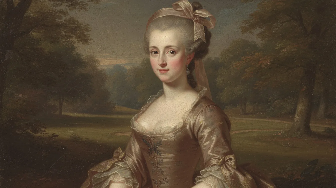 Das Bild zeigt eine elegant gekleidete Frau, die vor einer parkartigen Landschaft steht, umgeben von warmen Erdtönen und malerisch-weichem Licht, was an den Stil von Thomas Gainsborough erinnert. Diese Darstellung könnte auch an die Ästhetik von Stanley Kubricks Film "Barry Lyndon" erinnern, der den englischen Adel thematisiert.