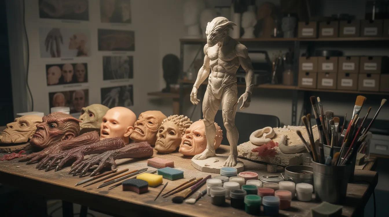 Auf einem Werkstatttisch liegen verschiedene Latexmasken, Prothesen-Arme und Pinsel-Werkzeuge, während ein halb fertiggestelltes Kreaturenmodell im Zentrum steht. Diese Szene erinnert an die Horrorklassiker von John Carpenter, insbesondere an "The Thing", wo Wissenschaftler in einer Forschungsstation mit einer außerirdischen Lebensform konfrontiert werden.