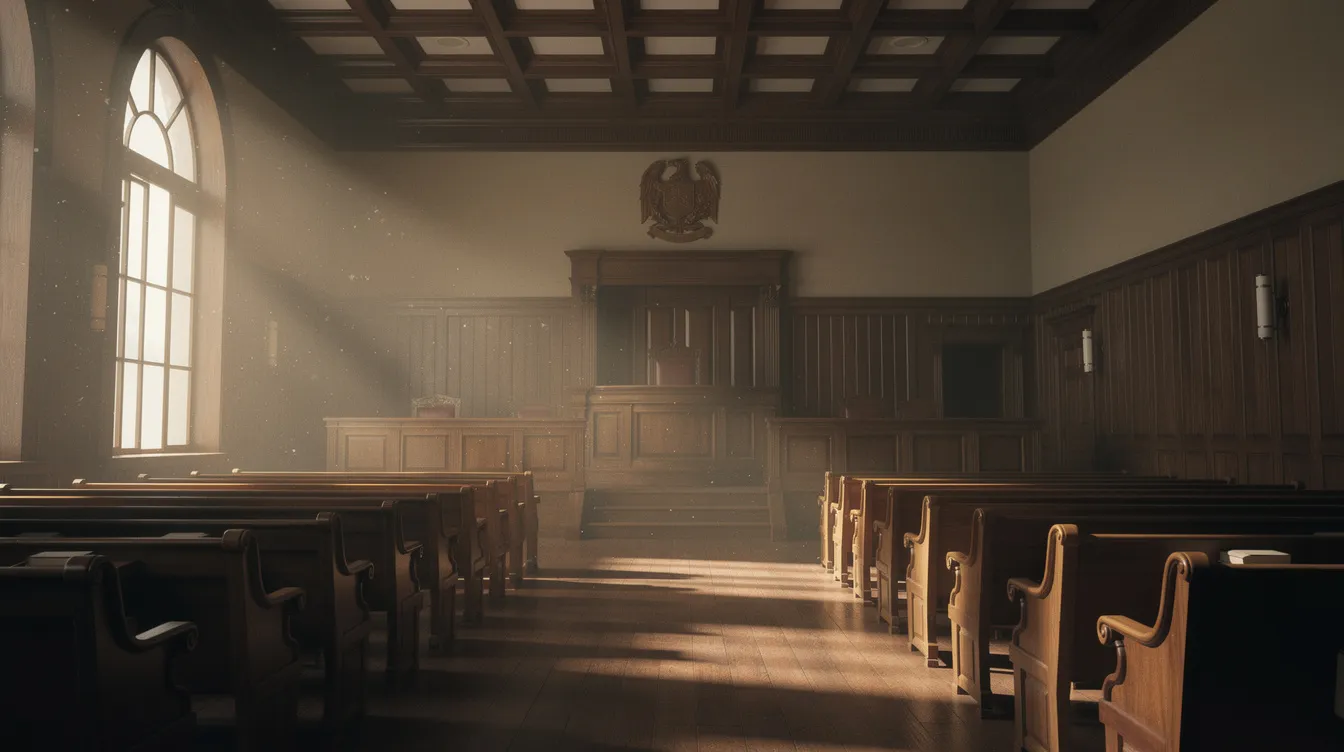 Der historische Gerichtssaal aus den 1950er Jahren zeigt hohe Holzbänke und dramatisches Licht, das durch die großen Fenster strömt. Die leeren Zuschauerränge schaffen eine Atmosphäre der Spannung, die an das Gerichtsdrama und die Werke von Agatha Christie erinnert, während die Kulisse an die filmische Regie von Billy Wilder denken lässt.