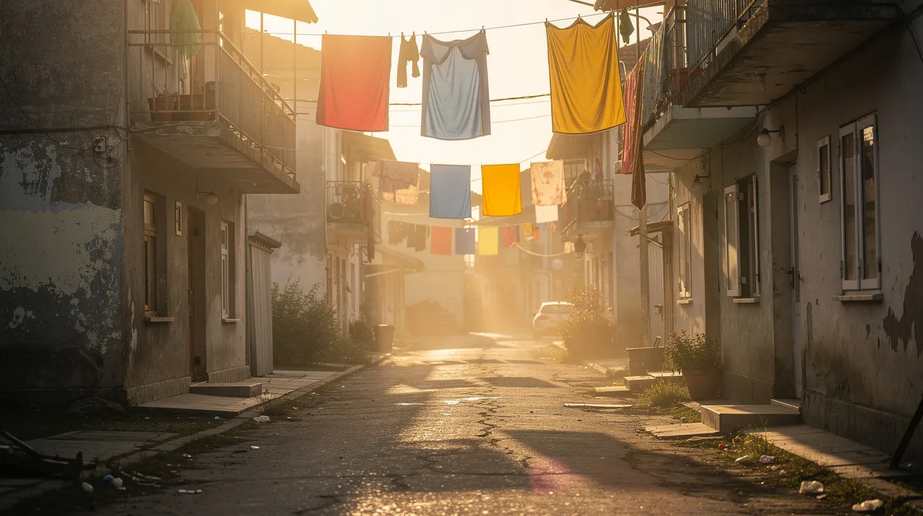 Das Bild zeigt eine enge Gasse in der Cidade de Deus, wo warmes, goldenes Sonnenlicht auf die niedrigen Betonhäuser fällt. Bunte Wäsche hängt an Leinen und verleiht der Szene einen lebendigen, alltäglichen Charakter, der das Leben in den Favelas von Rio de Janeiro widerspiegelt.