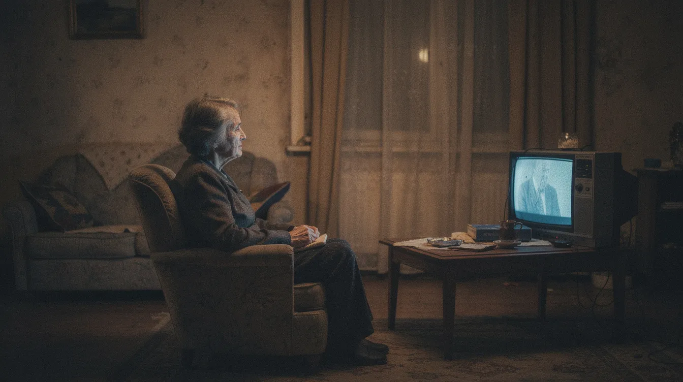Eine ältere Frau sitzt allein in einem abgenutzten Sessel in einem schwach beleuchteten Wohnzimmer, während ein flackernder Fernseher im Hintergrund eine körnige Textur und ein warmes, aber unheimliches Licht ausstrahlt. Diese Szene erinnert an die düstere Stimmung und die Themen von "Requiem for a Dream", in der die Einsamkeit und der Einfluss von Sucht auf das Leben der Figuren wie Sara Goldfarb thematisiert werden.