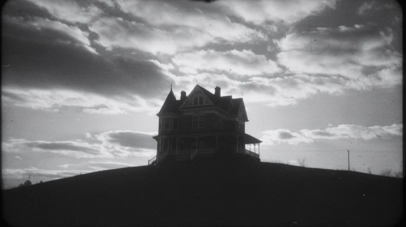 Die Silhouette eines viktorianischen Hauses auf einem Hügel ist im dramatischen Gegenlicht zu sehen, umgeben von einem eindrucksvollen, wolkenverhangenen Himmel. Diese Schwarzweiß-Fotografie im Stil der 1960er Jahre erinnert an die Atmosphäre klassischer Hitchcock-Filme, die oft mit Spannung und psychologischer Tiefe spielen.
