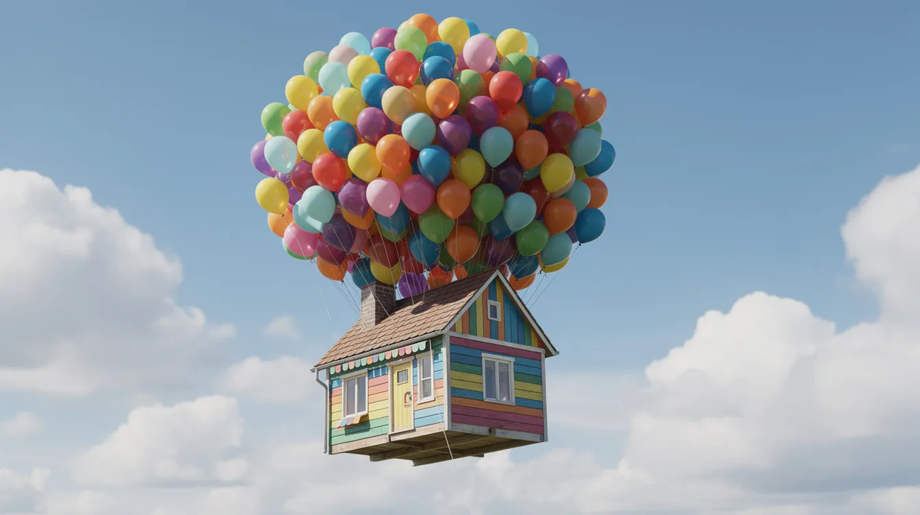 Ein buntes kleines Holzhaus schwebt in einem strahlend blauen Himmel, umgeben von Wolken und hunderten farbigen Heliumballons. Diese Szene erinnert an die Kindheitsträume und Abenteuer aus dem Pixar-Film "Up", in dem Carl Fredricksen mit seinem Haus auf eine aufregende Reise geht.