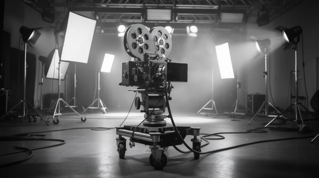 Das Bild zeigt eine Filmkamera auf einem Dolly in einem Studio, umgeben von einer großen Beleuchtungsanlage, die eine Schwarz-Weiß-Atmosphäre erzeugt. Diese Szenerie erinnert an die filmische Aufarbeitung historischer Prozesse, wie das Urteil von Nürnberg, und vermittelt ein Gefühl von Filmgeschichte und Justizdrama.