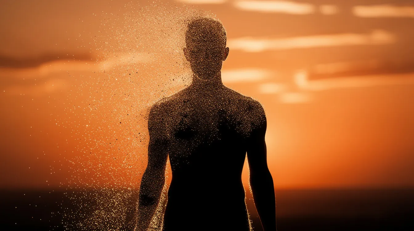 Die Silhouette einer Figur, die sich in leuchtende Staubpartikel auflöst, steht vor einem orangefarbenen Himmel, was an dramatische Szenen aus "Avengers Infinity War" erinnert. Diese Darstellung symbolisiert den Verlust und die Vergänglichkeit im Marvel Cinematic Universe.