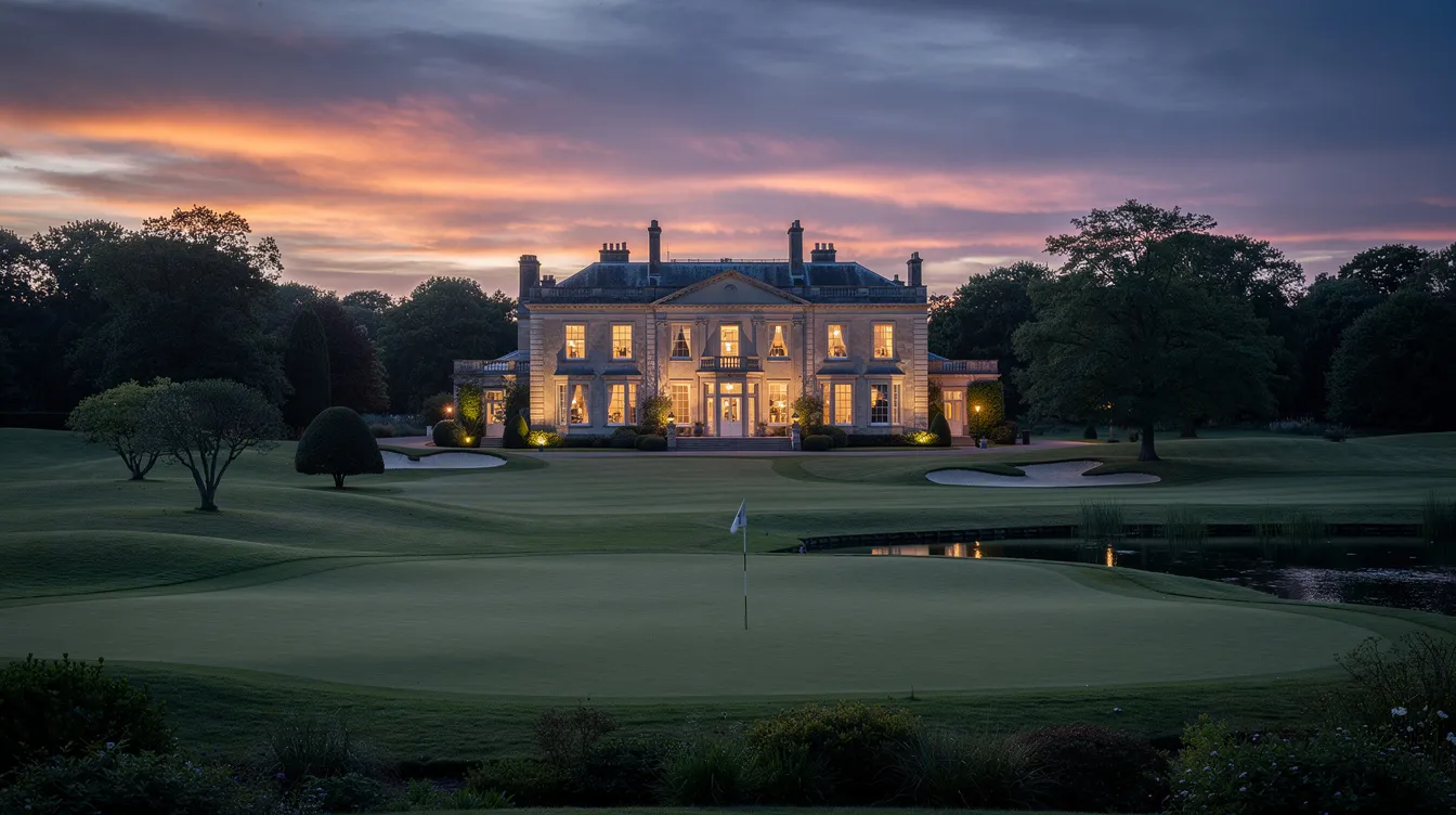 Das Bild zeigt ein elegantes Herrenhaus in der Dämmerung, umgeben von einer weitläufigen Parklandschaft und einem Golfplatz im Vordergrund. Der dramatische Abendhimmel verstärkt die melancholische Atmosphäre, die an Lars von Triers Film "Melancholia" erinnert.