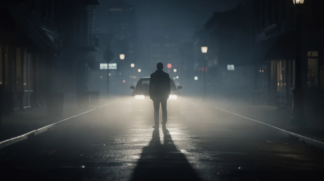 Die dunkle, neblige Straße bei Nacht wird von Scheinwerferlicht erhellt, während der Schatten einer einsamen Figur eine geheimnisvolle Hollywood-Atmosphäre schafft, die an die besten Filme der 2000er erinnert. Diese Szene könnte aus einem Drama von Regisseuren wie David Lynch oder Quentin Tarantino stammen.