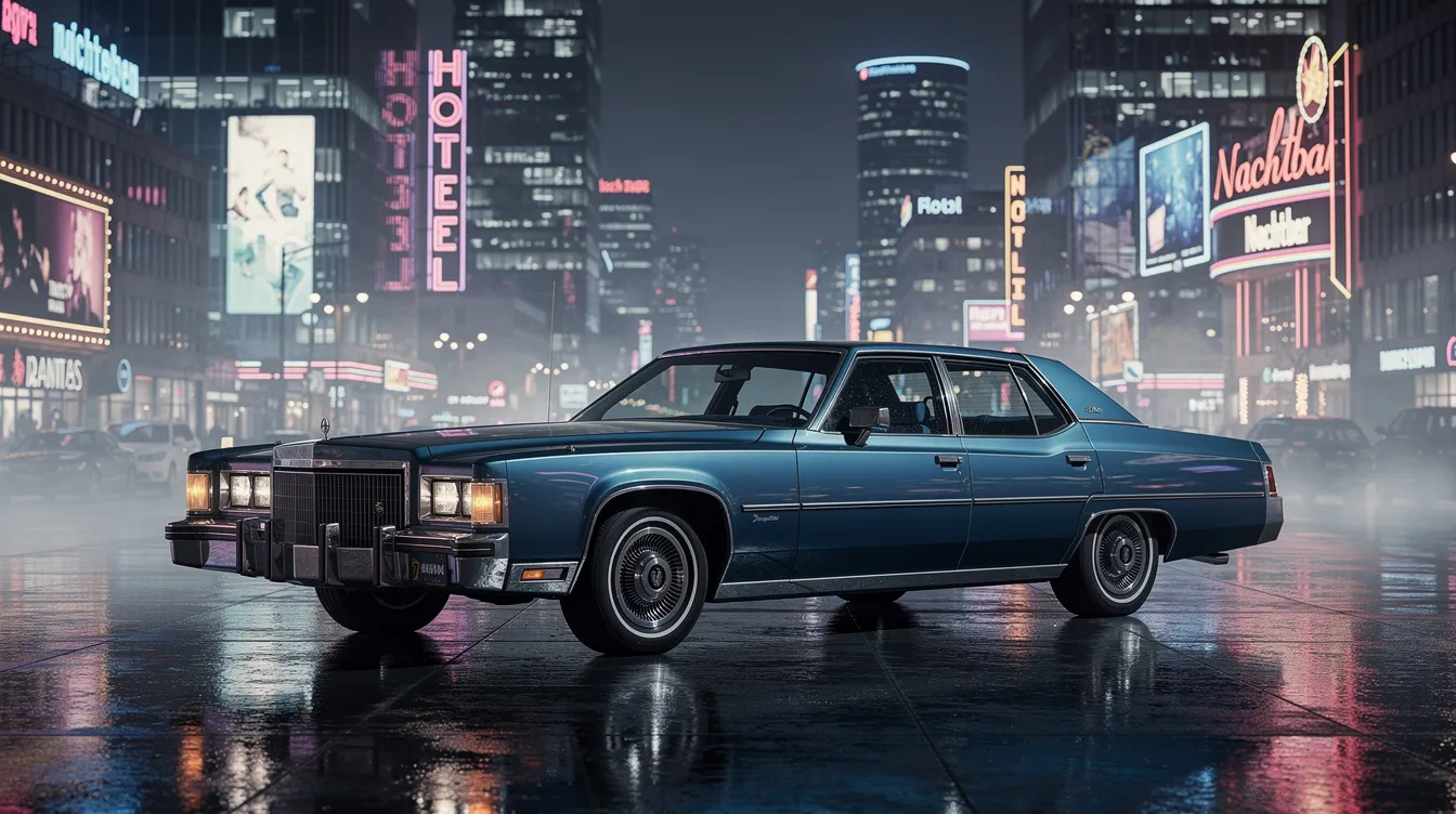Ein amerikanischer Luxuswagen aus den 1970er Jahren in metallischem Blau steht vor einer nächtlichen Stadtkulisse, die von bunten Neonlichtern erleuchtet wird. Diese Szene erinnert an die Atmosphäre des Films "Goodfellas", der das Leben in der Mafia und die Welt von Henry Hill thematisiert.