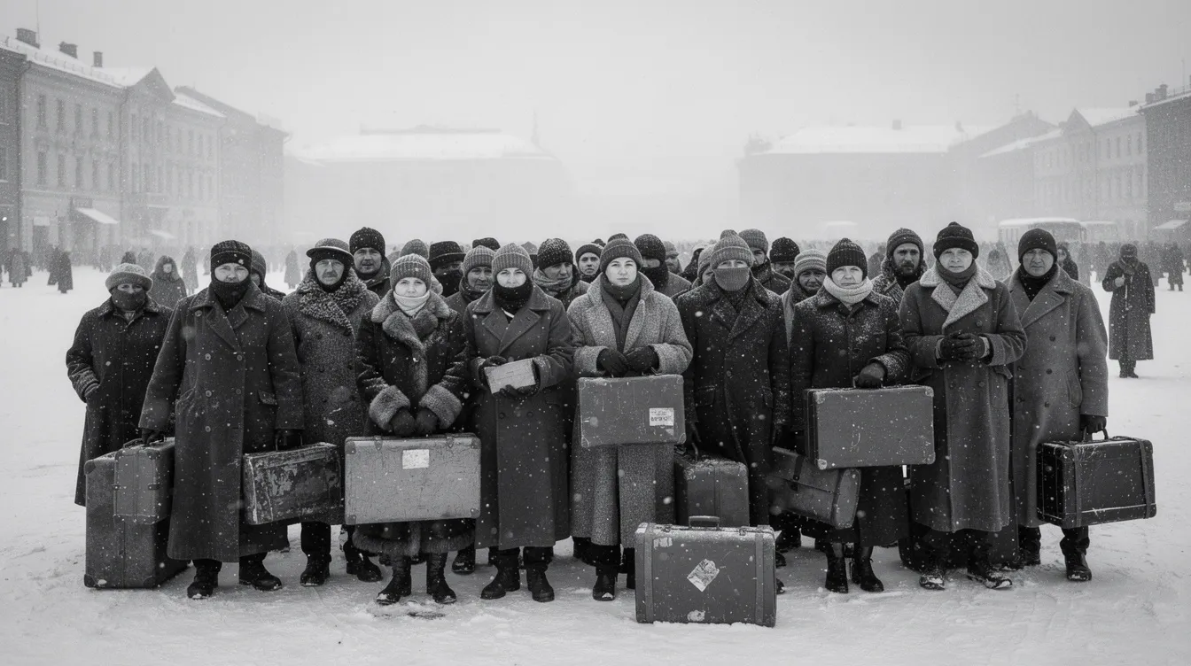 Eine symbolische Schwarzweiß-Gruppenaufnahme zeigt Menschen in schwerer Winterkleidung, die auf einem verschneiten Platz stehen und Koffer tragen. Diese Szene könnte an die dramatischen Momente in "Schindlers Liste" erinnern, wo das Überleben im Mittelpunkt steht.