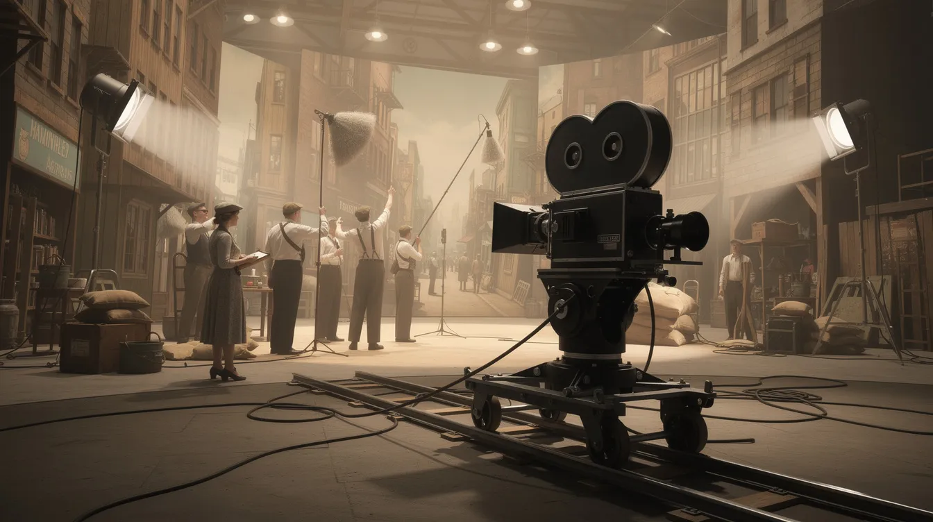 Das Bild zeigt ein historisches Filmstudio der 1930er Jahre mit beeindruckenden Kulissen, großen Scheinwerfern und einer Filmkamera auf Schienen, während Crewmitglieder emsig bei der Arbeit sind. Diese Szenerie erinnert an die legendäre Verfilmung "Gone with the Wind", die mit ikonischen Figuren wie Scarlett O'Hara und Rhett Butler die Filmgeschichte prägte.