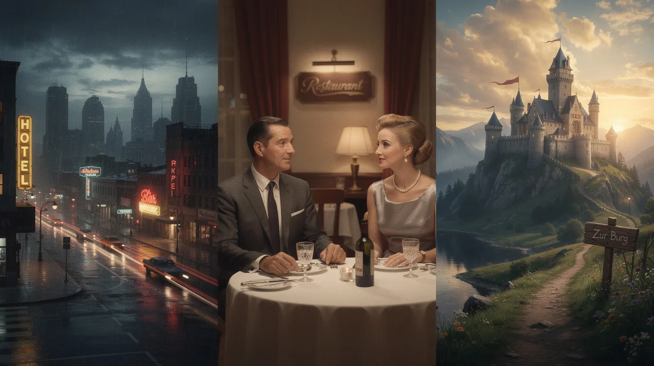 Die Collage zeigt eine düstere Stadtlandschaft bei Nacht, die von schimmernden Lichtern durchzogen ist, gefolgt von einer eleganten Dinner-Szene aus den 1960er Jahren mit stilvoll gekleideten Gästen. Abgerundet wird das Bild durch eine fantastische Landschaft mit einer majestätischen mittelalterlichen Burg, die eine Atmosphäre von Abenteuer und Geschichte ausstrahlt.