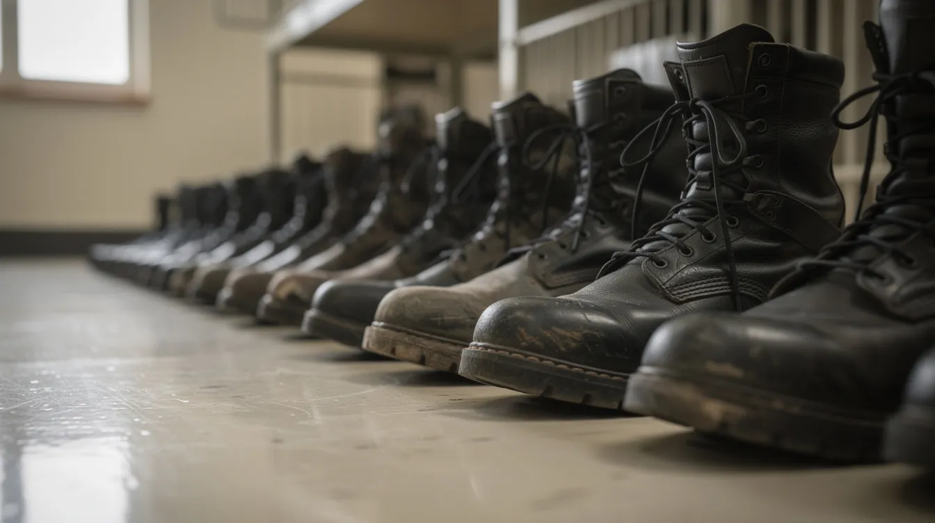 Nahaufnahme von militärischen Kampfstiefeln, die ordentlich in einer Reihe auf einem polierten Barrackenboden stehen, was Einheit und Disziplin vermittelt. Diese Szene erinnert an die strengen Trainingsmethoden, die im Film "Full Metal Jacket" von Stanley Kubrick dargestellt werden.