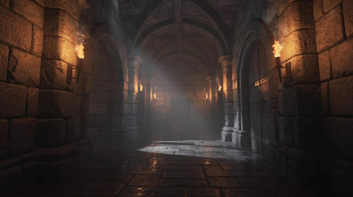 Der dunkle, steinerne Innenraum einer Burg ist schwach mit Fackeln beleuchtet, wodurch lange Schatten auf die mittelalterlichen Steinmauern fallen. Diese Atmosphäre könnte an Szenen aus einem historischen Film erinnern, in dem Themen wie Freiheit und Leid behandelt werden, ähnlich wie in der Geschichte von William Wallace und Robert the Bruce.