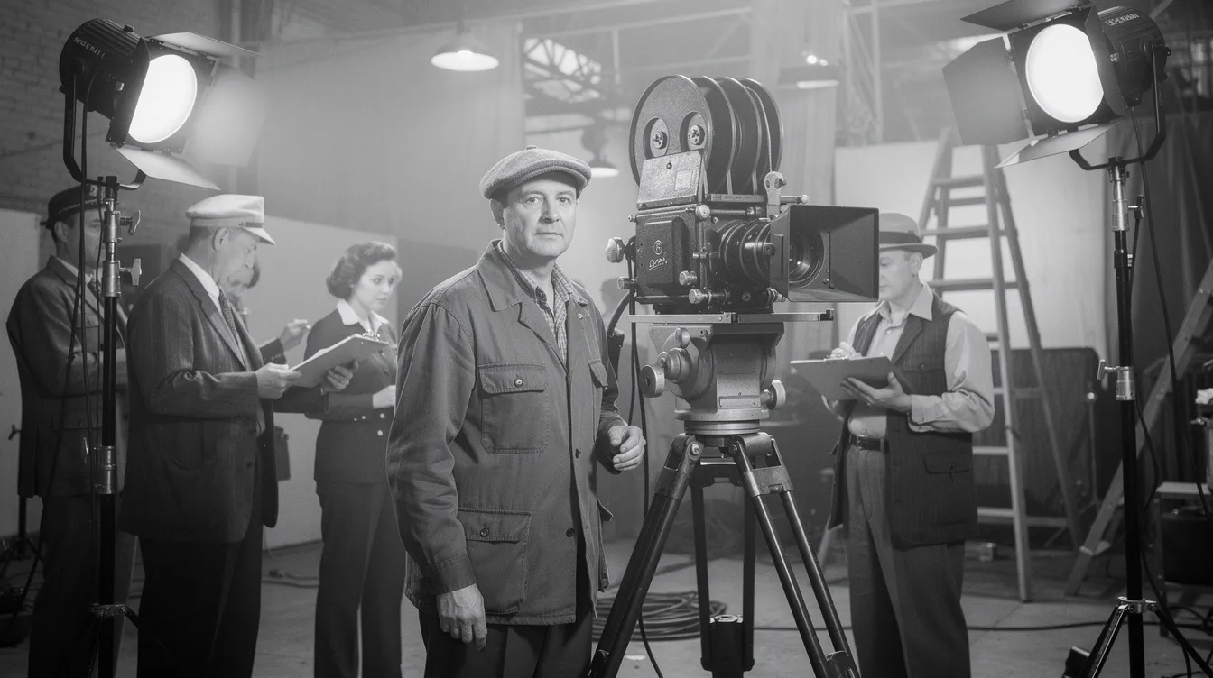 Ein Filmregisseur in Arbeitsjacke und Mütze steht neben einer großen Filmkamera auf einem Filmset der 1950er Jahre, umgeben von Crew-Mitgliedern und Scheinwerfern. Das Schwarzweißfoto fängt die Atmosphäre des damaligen Filmlebens ein, das an die Werke von Akira Kurosawa erinnert und den kreativen Prozess des Geschichtenerzählens in der Filmindustrie zeigt.