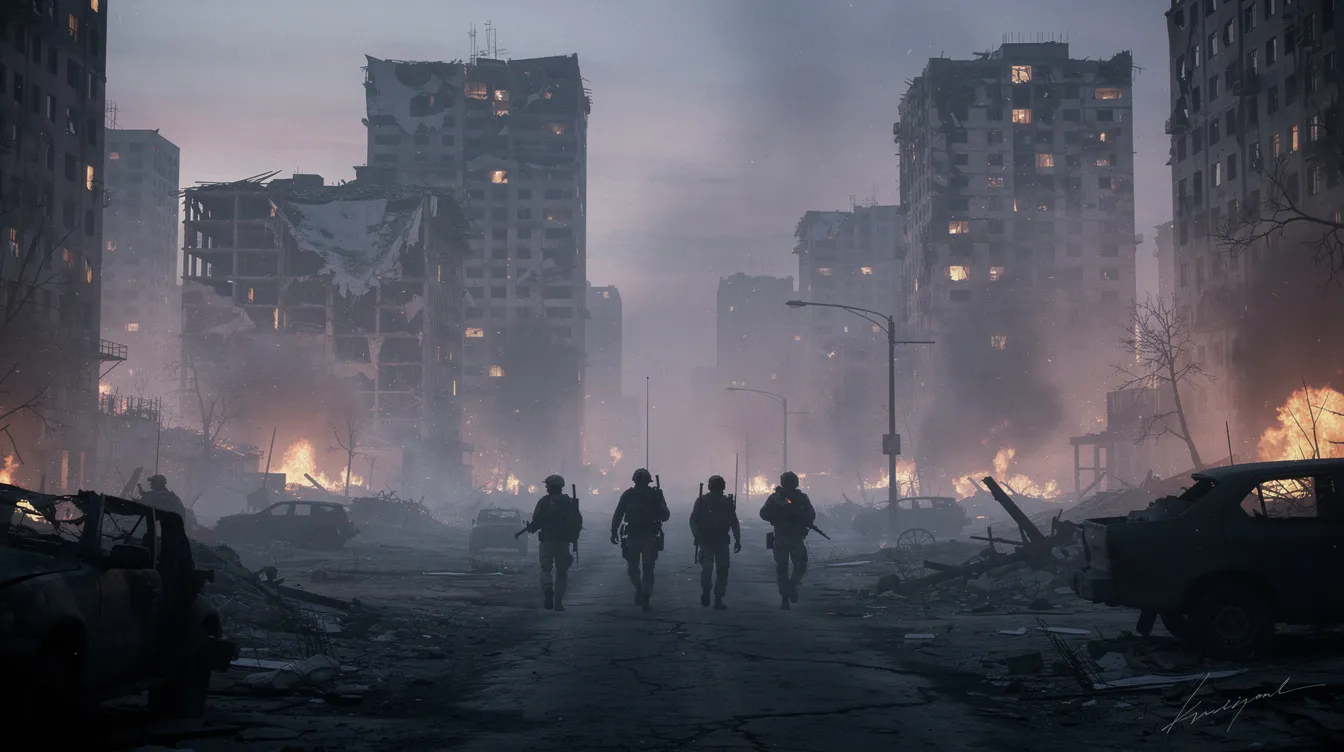 Die Silhouetten von Soldaten gehen durch eine rauchige, brennende Stadtlandschaft bei Dämmerung, während sie klein und verloren in der weitläufigen, verwüsteten Kulisse erscheinen, die an den Vietnamkrieg erinnert, wie in Stanley Kubricks Film "Full Metal Jacket". Die düstere Atmosphäre spiegelt die Schrecken des Krieges wider, die im Inhalt des Films eindrucksvoll dargestellt werden.